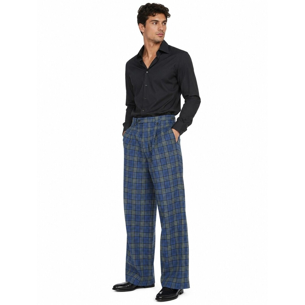 VTG Tiglio Luxe (2576) Men's Plaid Wool Wide Leg Italian Pants Blue/Green 40x29